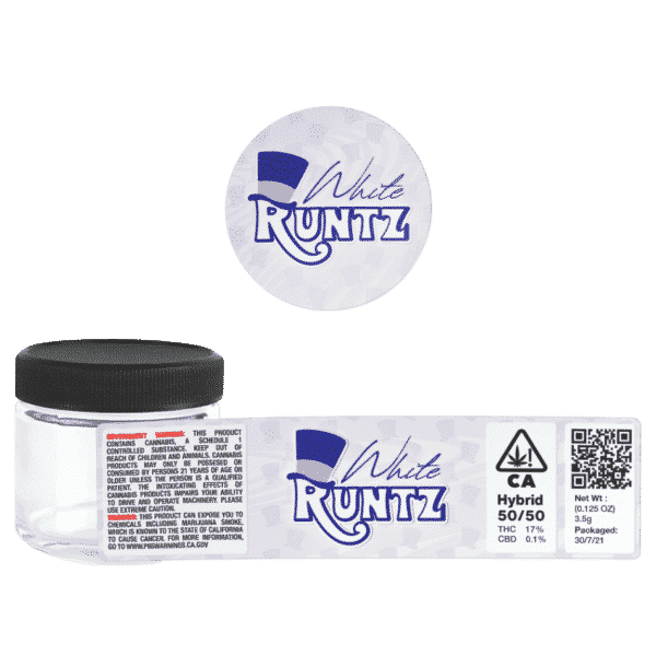 White Runtz Glass Jars. 60ml suitable for 3.5g or 1/8 oz. Unlabelled.