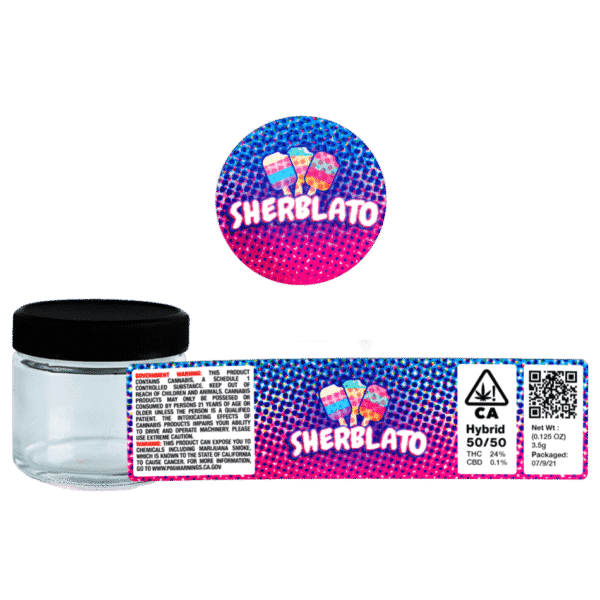 Sherblato Glass Jars. 60ml suitable for 3.5g or 1/8 oz. Unlabelled.